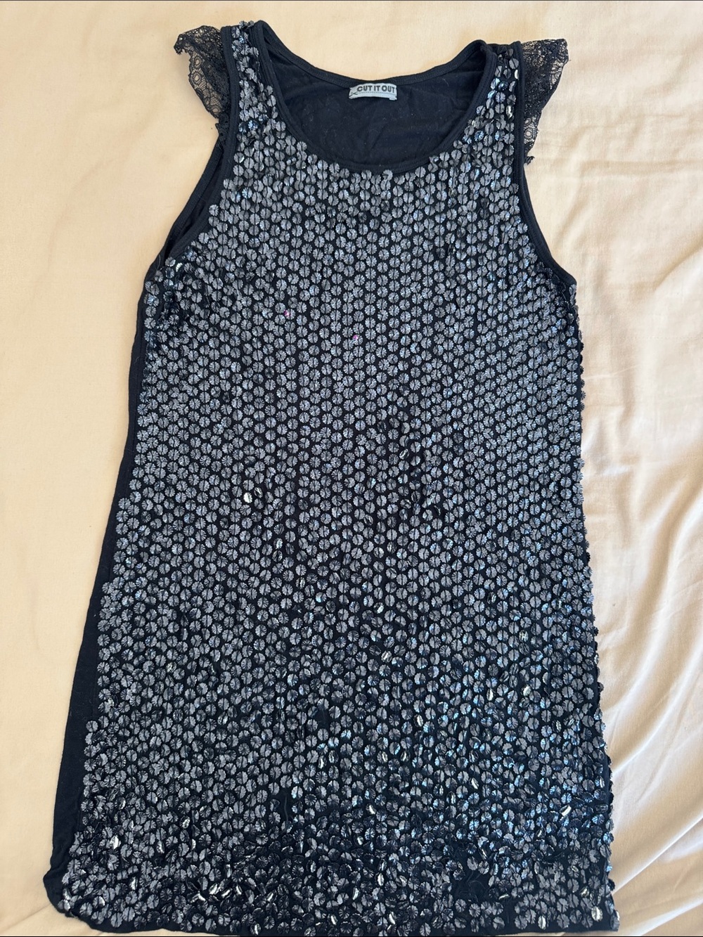 Black Sequin Lace Cap-Sleeve Jersey Top